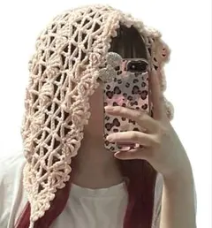 ボンネット ハンドメイド バラクラバ 編み物 ピンク サーモンピンク