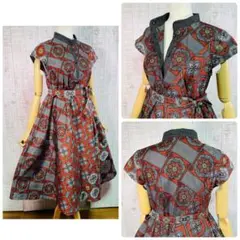 グレー系正絹大島紬スタンドカラーフレンチ袖テントライン＆美ラインワンピースＭ〜Ｌ