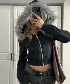 SHEIN ブラックファー付きパーカー M