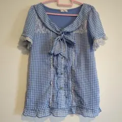 axes femme 水色 チェック柄 半袖シャツ