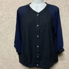 【新品未使用】クルーネックカーディガン 薄手 ７分袖 ネイビー系♦︎F♦︎