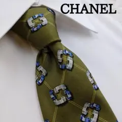 シャネル 高級シルクネクタイ 総柄 オリーブ
