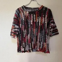 新品　手編みニット　五分袖　マルチカラー　編み込み　ショートスリーブ　プレゼント