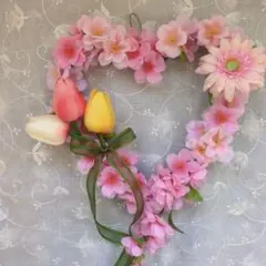 大人可愛い春彩ハートリース♪アーティフィシャルフラワーリース♪