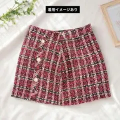 SHEIN ツイードミニスカート パールボタン 赤系チェック 台形スカートのサムネイル