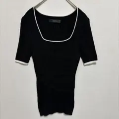 リブ スクエアネック パイピング 半袖 L ニット 黒 大人女子 きれいめ 上品