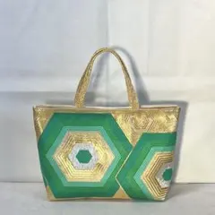 袋帯リメイクバッグ　グリーン亀甲模様華やか　軽量 201