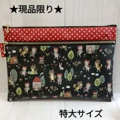 ネコ＆柴犬　赤ずきん柄×赤ドット　特大ダブルファスナーポーチ　お薬手帳入れ