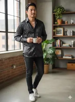 「光沢ブラック 長袖シャツ Sサイズ サテン風 韓国系 オシャレ