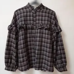 【新品未使用】フリル付きブラウン系チェックシャツ M