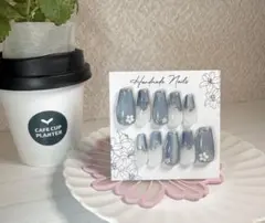 ブルー×ホワイト マグネットネイルチップ スクエア ロング フレンチ風