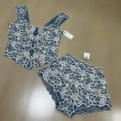 新品 未使用 ワコールサルート青と白のレースセットアップ