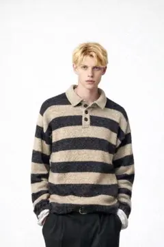 ポロネックニットセーター グレーとベージュストライプ　ユニセックス