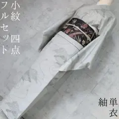 単衣　紬　着物　小紋　フルセット　正絹　バチ衿　紐　リボン　O10