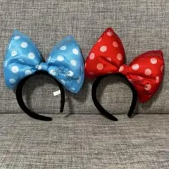 ディズニー　ミニー　デカリボン　ドット水玉　カチューシャ　赤水色　ブルー　レア