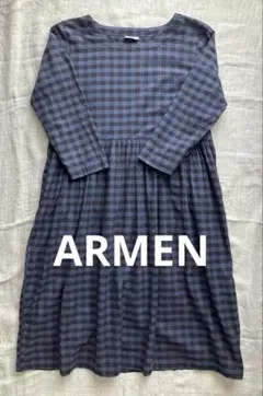 ARMEN ネイビーチェック柄 七分袖 ボートネック ワンピース チュニックのサムネイル