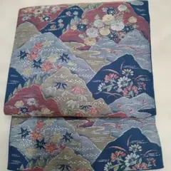 織物、紺地に菊、紅葉、笹等、名古屋帯