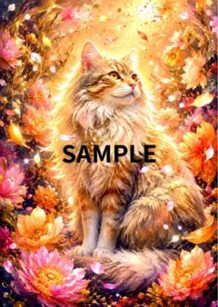 光を纏う猫と魔法のランプ デジタルアート ポスター A4 猫の絵 幻想的