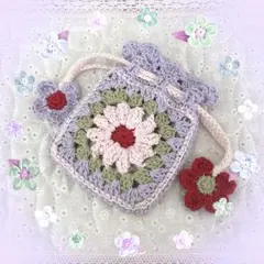 ♡かぎ針編み 巾着ポーチ✨ フラワーモチーフ パープル 内布付き♡