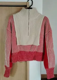 完売品　KBF レイヤードハーフZIPニット　IVO×RED