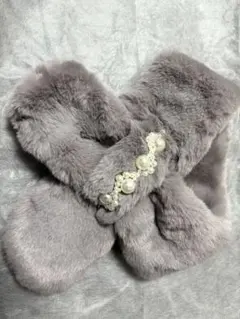ファー マフラー グレー パール付き