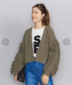 BEAUTY&YOUTH ウールフリンジショートVネックカーディガン