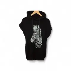 切りっぱなし袖 黒 パーカーワンピース 綿100％ M 重ね着 アニマル