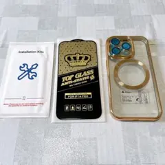 【iPhone 14 Pro 用 】ケース　ゴールド　クリア　フィルム付き