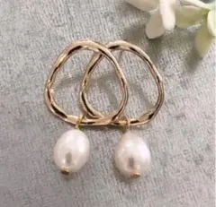 大粒一粒石 淡水パールのピアス シンプル ゴールドカラー リングピアス