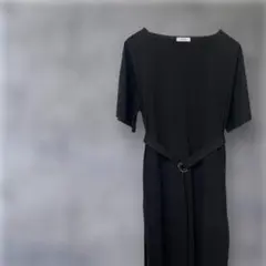 a.v.v 半袖ロングワンピース L 黒 サイドプリーツ ベルト付き 美品