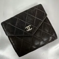 超希少 シャネル レザー 折り財布 ココマーク マトラッセ Wホック ブラック