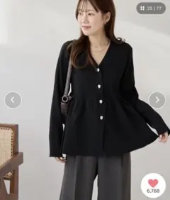 DISCOAT リブメタル釦ペプラムカーディガン ブラック