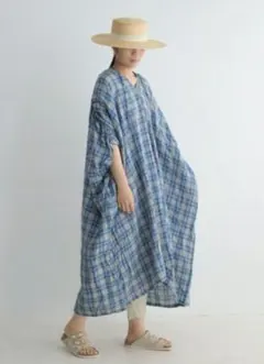 美品】イチアンティークス リネン シャツワンピース チェック ロング