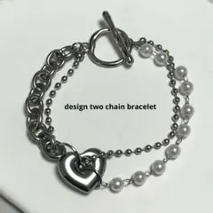 634.チェーン　2連　パール　シルバー　ハンドメイド　ブレスレット　ハート