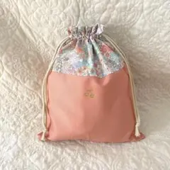 現品☆リバティ フェリシテピンクベージュ×くすみピンク×ワッペン コップ袋 現品☆リバティ フェリシテピンクベージュ×くすみピンク×ワッペン