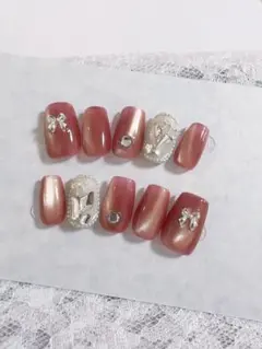 ネイルチップ ワンホン 量産型 マグネット ピンク リボン【現品】019