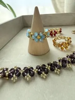 ハンドメイド　四葉編みブレスレットとリング3点の4点セット