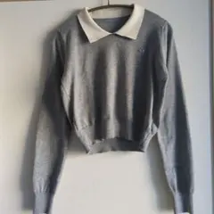グレー ポロシャツスタイル 長袖ニット　襟付きニット　配色ニット
