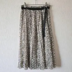 【Spinkle】（L）小花柄ベルトデザインプリーツロングスカート/リボンベルト