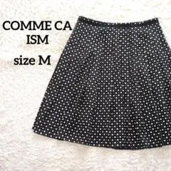 コムサイズム 膝丈 フレア プリーツスカート M ブラック ドット柄