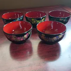 桜模様の木製汁椀5個セット