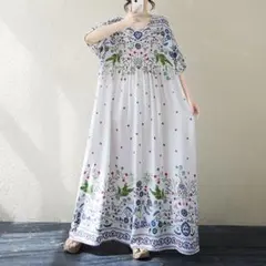 オーバーサイズ リゾート 丸襟 体型をカバー プリントワンピース ロング丈