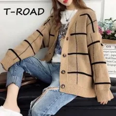 ニットカーディガン★BIGチェック柄★ダークベージュ★フリー