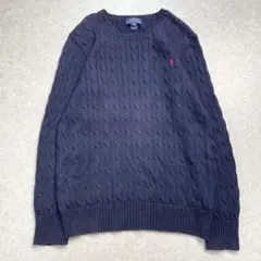 ポロ ラルフローレン ケーブルニット XL ネイビー 赤 ポニー 刺繍 コットン