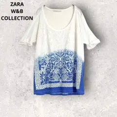 ZARA ザラ　半袖Tシャツ　ホワイト×ブルー　綿100% S 総柄プリントのサムネイル
