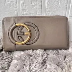 美品✨GUCCI インターロッキング　ゴールドG ラウンドジップ　グレージュ
