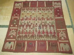 美品 1950年代◆インド キルトと刺繡『象・ラクダ・馬戦士/象/鳥/ヤギ/他』