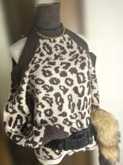 y2k ヒョウ柄　ニット　オフショルダー　長袖トップス　姫ギャル レオパード