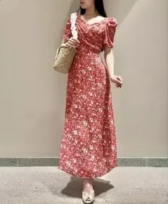 美品　SNIDEL 半袖花柄ロングワンピース　赤　サイズ2