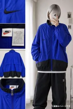 90s NIKE ナイロンジャケット 青黒 刺繍ロゴ シンプル L